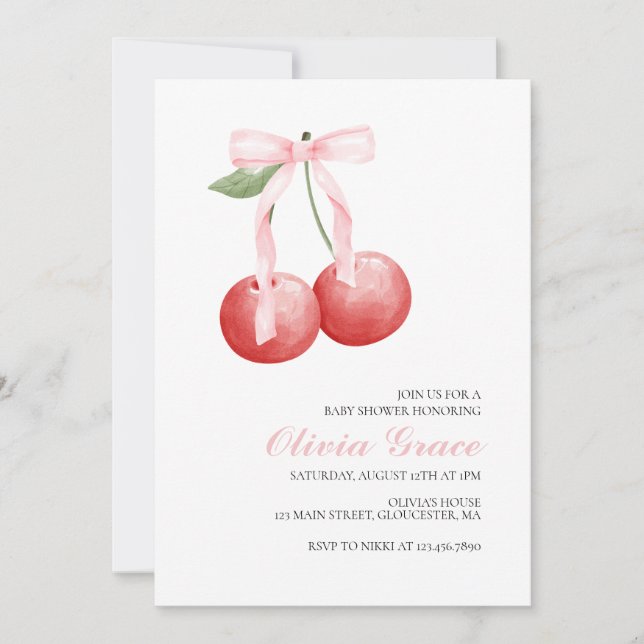 Invitación Cherry and Pink gingham preppy baby ducha (Anverso)