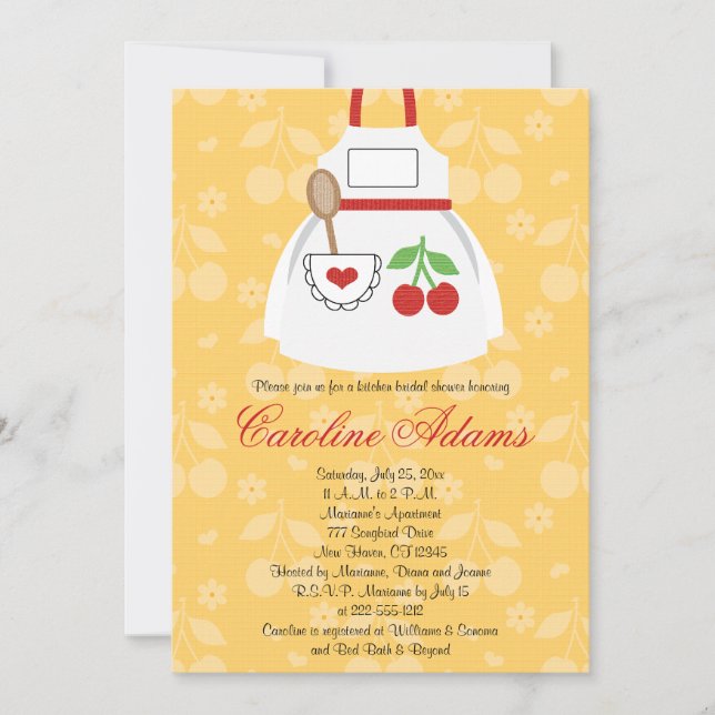 Invitación Cherry Apron Bridal Shower Amarillo y R (Anverso)