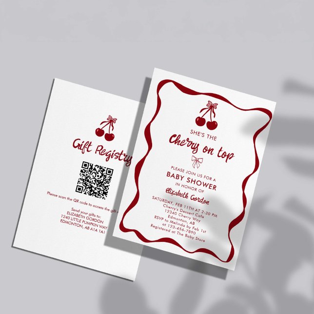 Invitación Cherry Baby Shower 2-sided QR Code Registry Sweet (Subido por el creador)