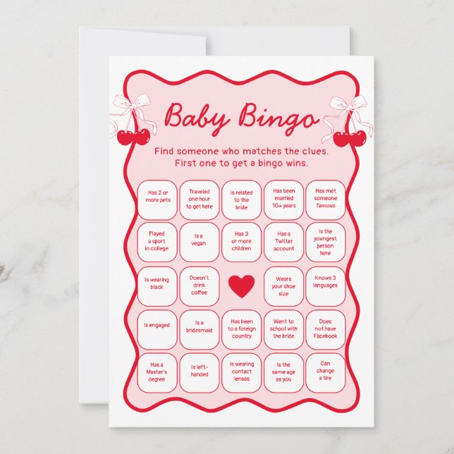 Invitación Cherry Baby Shower Find the Guest Bingo Game Card (Anverso)