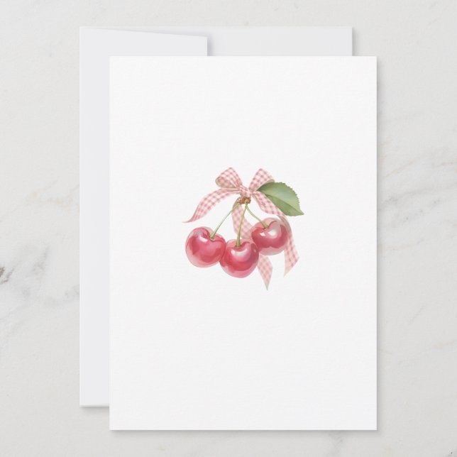 Invitación Cherry Baby Shower Invitation: Pink Bow, Berries (Reverso)