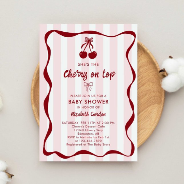 Invitación Cherry Baby Shower Sweet Pink Stripes Cute Bow (Subido por el creador)