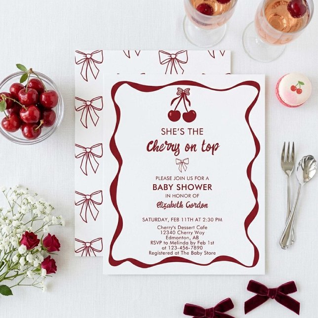 Invitación Cherry Baby Shower Sweet Pink Stripes Cute Bow (Subido por el creador)