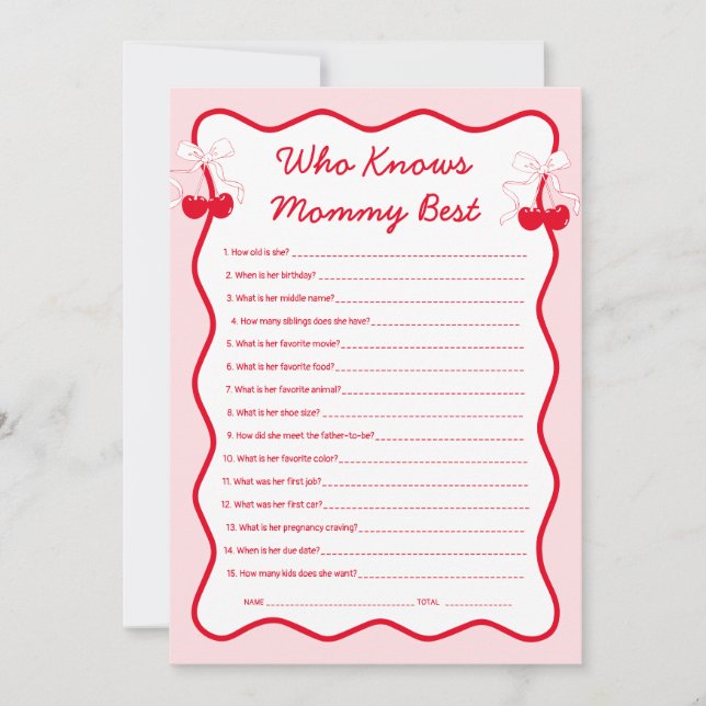 Invitación Cherry Baby Shower Who Knows Mommy Best Game (Anverso)