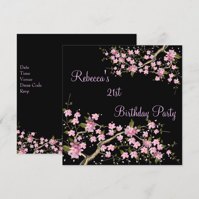 Invitación Cherry Blossom 21st Elegant Birthday Party Black (Anverso / Reverso)