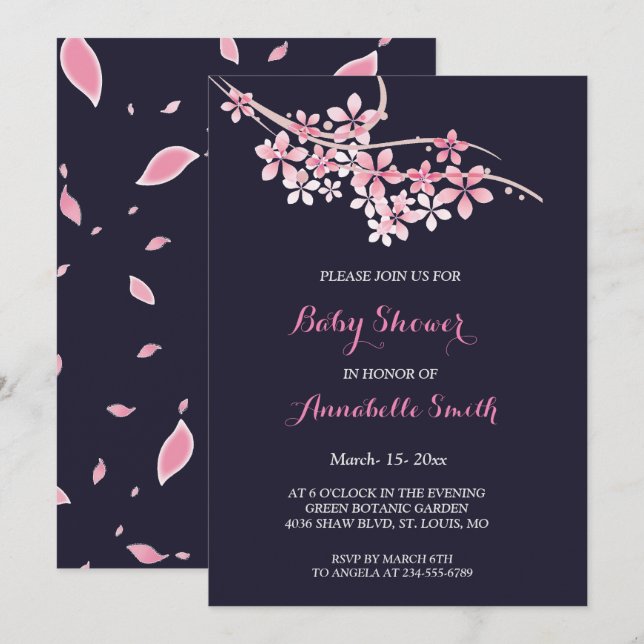 Invitación Cherry Blossom Baby Shower floral de la marina ros (Anverso / Reverso)