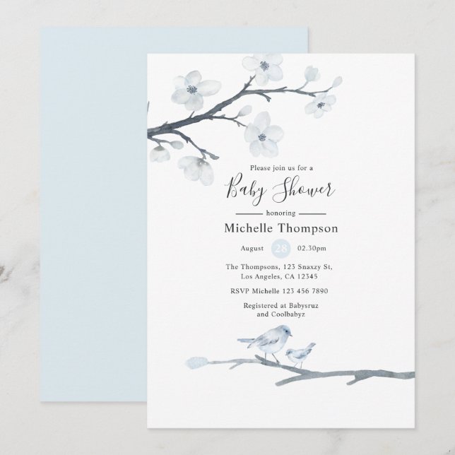 Invitación Cherry Blossom Birds Floral Baby Shower (Anverso / Reverso)