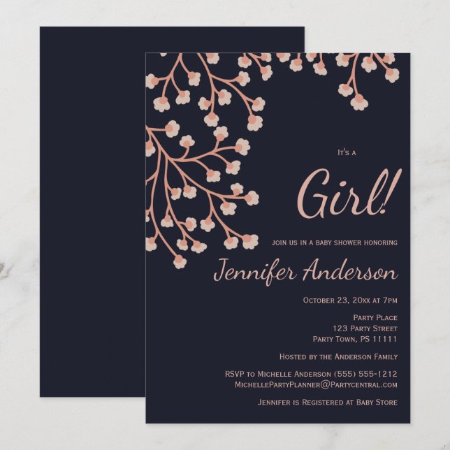 Invitación Cherry Blossom Chica azul rosado Baby Shower (Anverso / Reverso)
