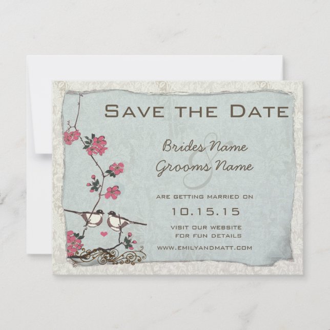 Invitación Cherry Blossom Chickadee Damask Salva la Fecha (Anverso)