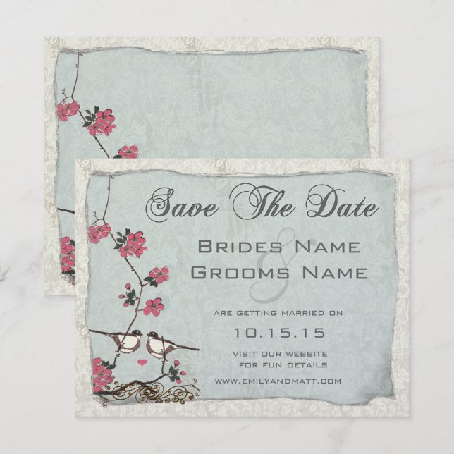 Invitación Cherry Blossom Chickadee Damask Salva la Fecha (Anverso / Reverso)