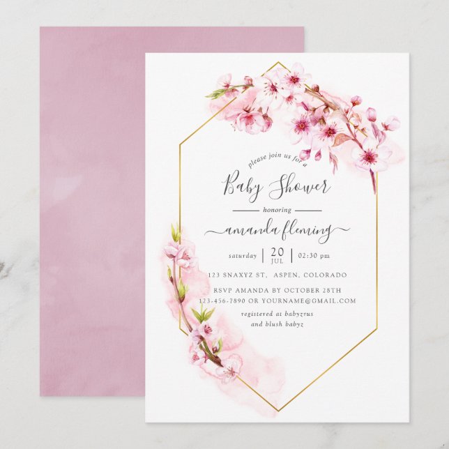 Invitación Cherry Blossom Geométrico Rosa Baby Shower de Prim (Anverso / Reverso)