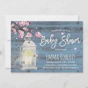 Invitación Cherry Blossom Lantern Dusty Blue Baby Shower