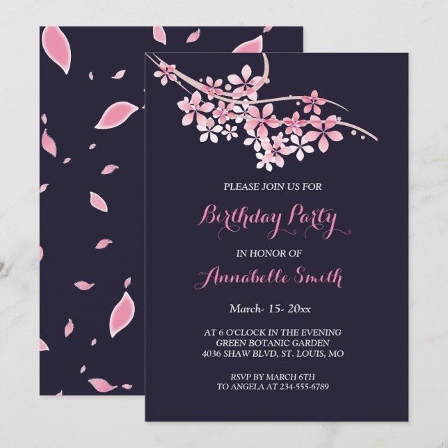 Invitación Cherry Blossom Pink marina floral Birthday Party (Anverso / Reverso)