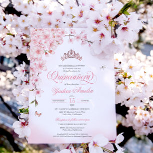 Invitación Cherry Blossom Rosa Gold Tiara Rosa Quinceañera