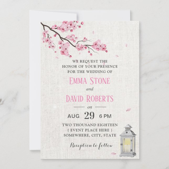 Invitación Cherry Blossom Vintage Lantern Linen Boda (Anverso)