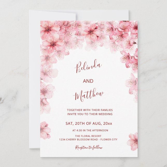 Invitación  Cherry Blossom White Arched Casual Wedding (Anverso)