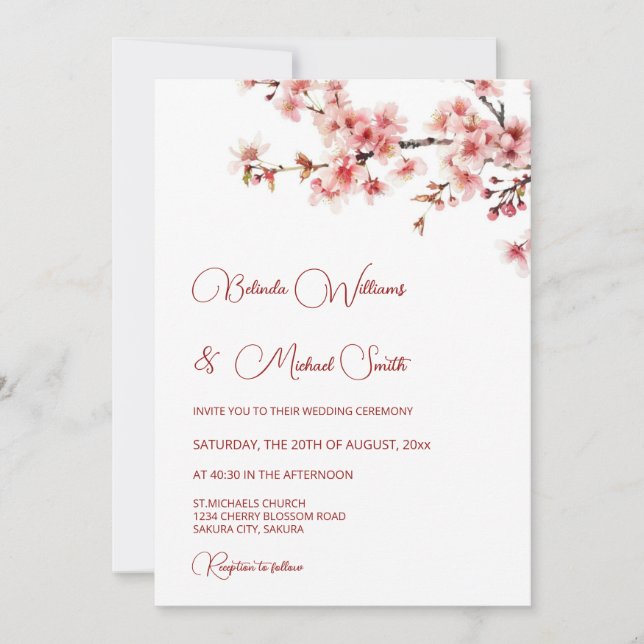 Invitación  Cherry Blossom White  Wedding (Anverso)