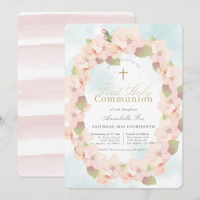 Invitación Cherry Blossom Wreath Chica Primera Santa Comunión (Anverso / Reverso)