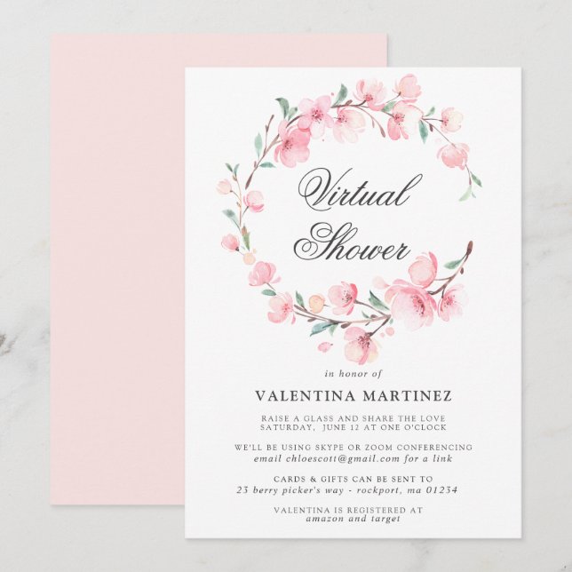Invitación Cherry Blossom Wreath Virtual Bridal Baby Shower (Anverso / Reverso)