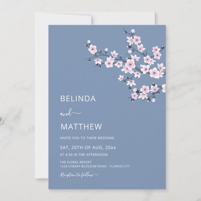 Invitación Cherry Blossoms Dusty Pink Blue Wedding (Anverso)