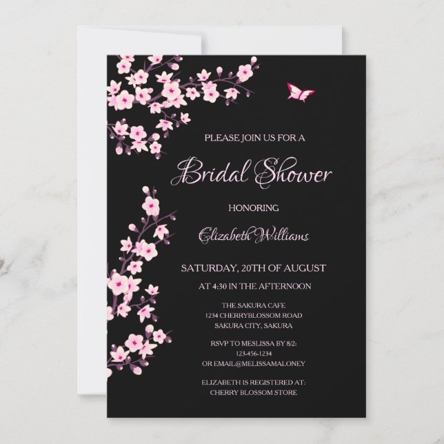 Invitación Cherry Blossoms Pink Black Bridal Shower (Anverso)