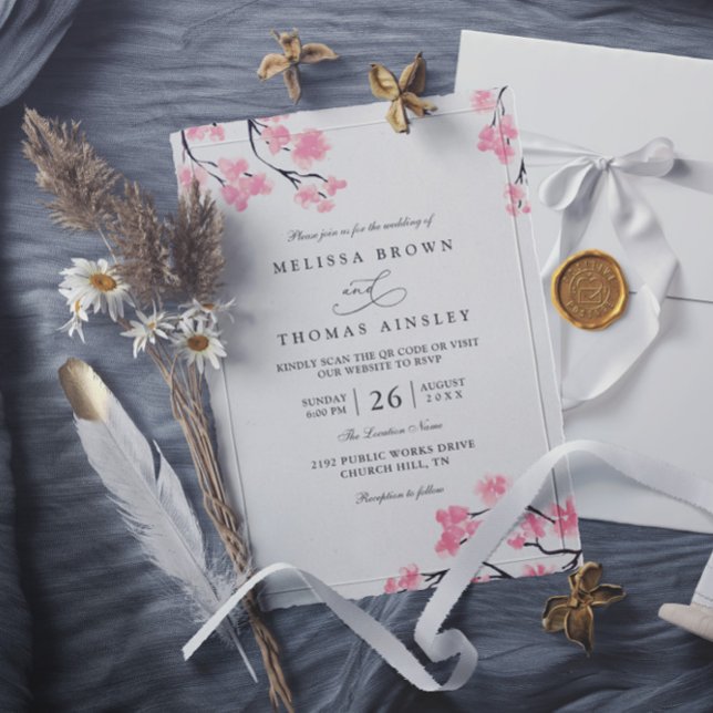 Invitación Cherry Blossoms Pink Elegant Chic QR Code Wedding (Subido por el creador)