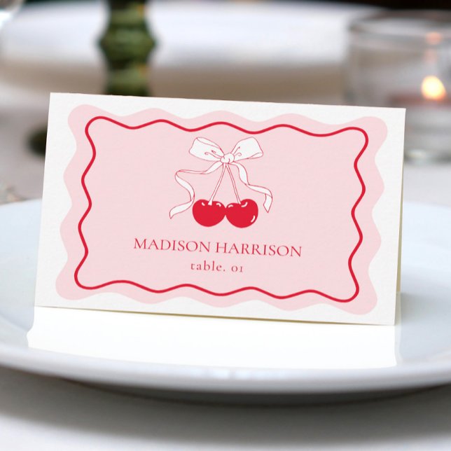 Invitación Cherry Bow Red Pink Boda Nombre Place Card DIY (Subido por el creador)