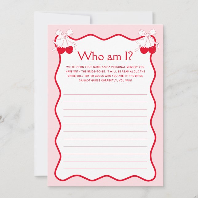 Invitación Cherry Bridal Shower Guess Who Am I Game Card (Anverso)