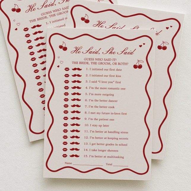 Invitación Cherry Bridal Shower He Said She Said Game Card (Subido por el creador)