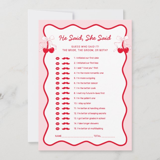 Invitación Cherry Bridal Shower He Said She Said Game Card (Anverso)