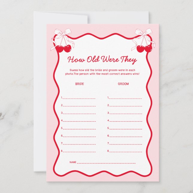Invitación Cherry Bridal Shower How Old Were They Game Card (Anverso)