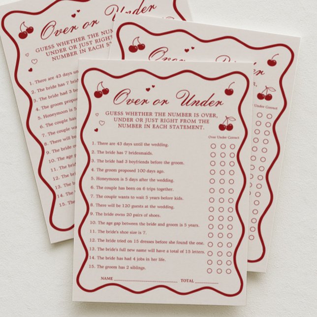 Invitación Cherry Bridal Shower Over or Under Game Card (Subido por el creador)