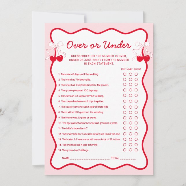 Invitación Cherry Bridal Shower Over or Under Game Card (Anverso)