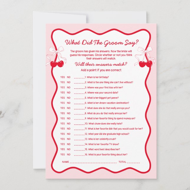 Invitación Cherry Bridal Shower What Did the Groom Say Game (Anverso)