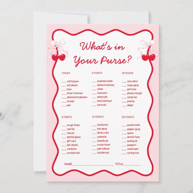 Invitación Cherry Bridal Shower What's in Your Purse Game (Anverso)