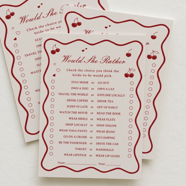 Invitación Cherry Bridal Shower Would She Rather Game Card (Subido por el creador)