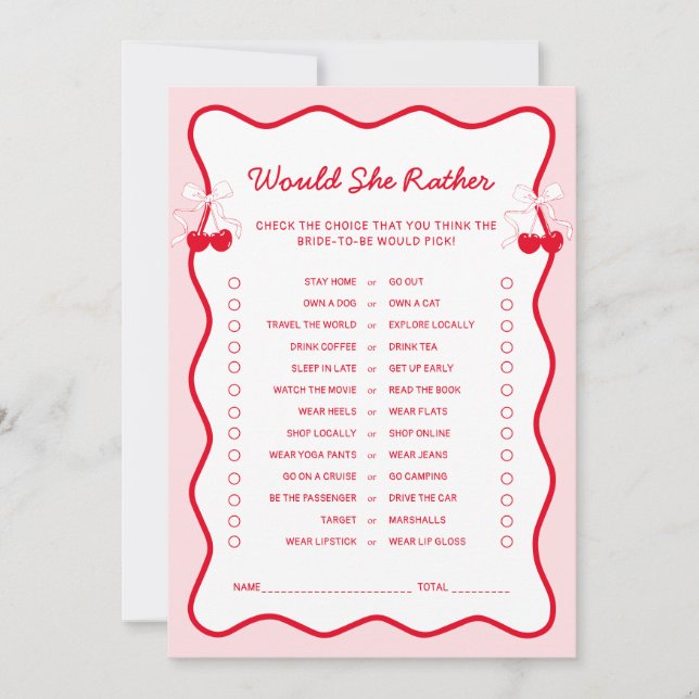 Invitación Cherry Bridal Shower Would She Rather Game Card (Anverso)