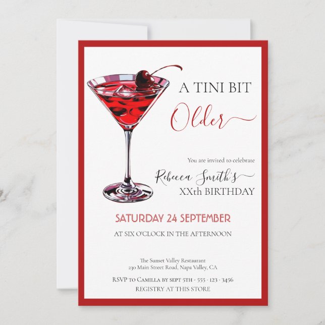 Invitación Cherry cocktail A tini bit Older, any age birthday (Anverso)