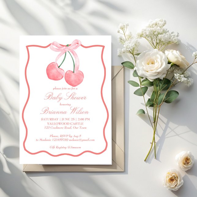 Invitación Cherry coqueta rosa ducha bebé (Cherry pink bow ribbon border coquette baby shower invitation template)