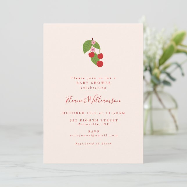 Invitación Cherry Cream Ilustrado Ducha de Bebé Elegante (Anverso de pie)