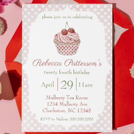 Invitación Cherry Cupcake Watercolor Corazones Fiesta de cump
