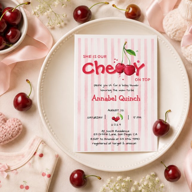 Invitación Cherry de acuarela rosa encima de la ducha de bebé (Subido por el creador)