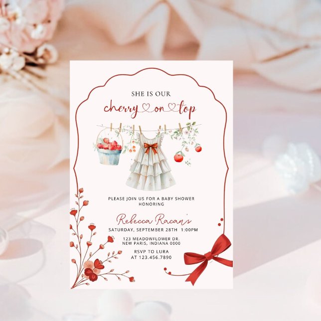 Invitación Cherry en Baby Shower de Bow Rosado superior (Subido por el creador)