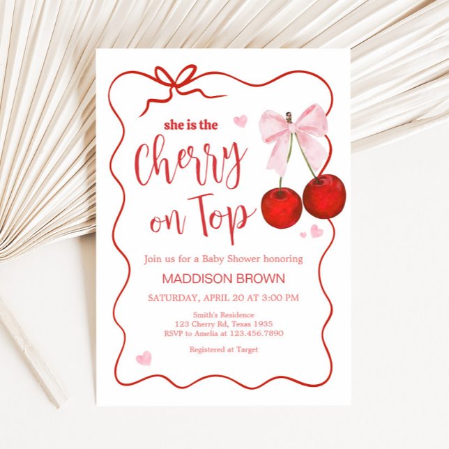 Invitación Cherry en Baby Shower de Bow Rosado superior (Cherry on Top Baby Shower Invitation)