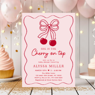 Invitación Cherry en Baby Shower de Bow Rosado superior