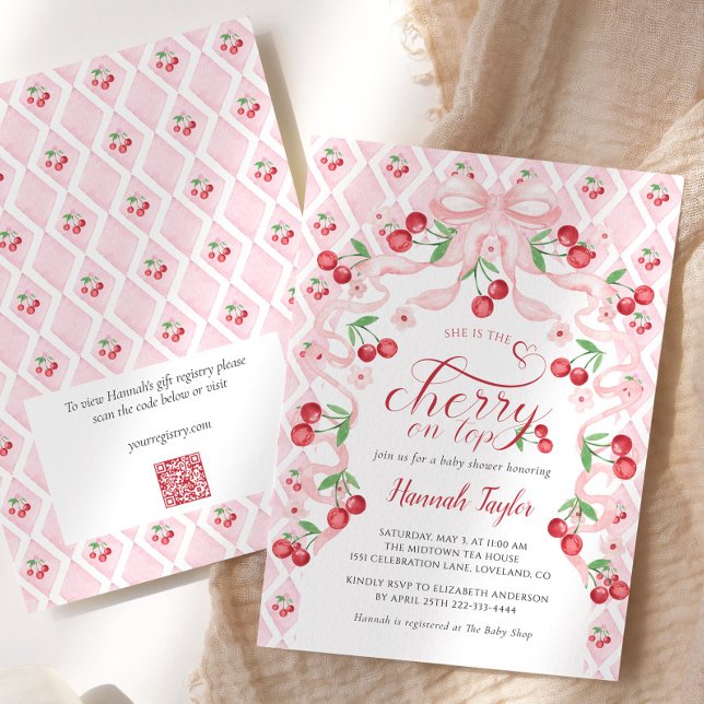 Invitación Cherry en Baby Shower de código QR de Bow rosado s (Subido por el creador)