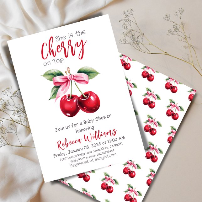 Invitación Cherry en Baby Shower, el Chica de Bow Rosado (Subido por el creador)