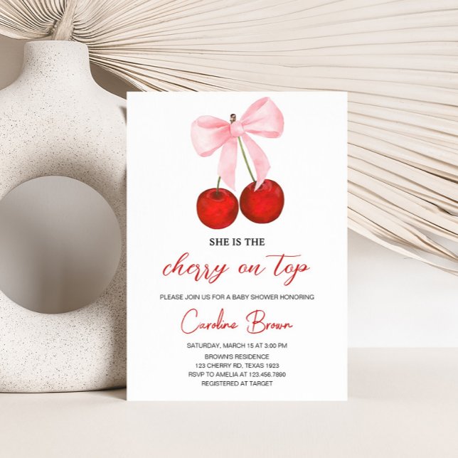 Invitación Cherry en Baby Shower superior (Cherry on Top Coquette Baby Shower Invitation
)
