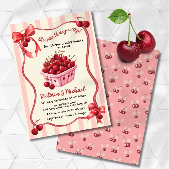 Invitación Cherry en la cima de Bow Baby Shower (Subido por el creador)
