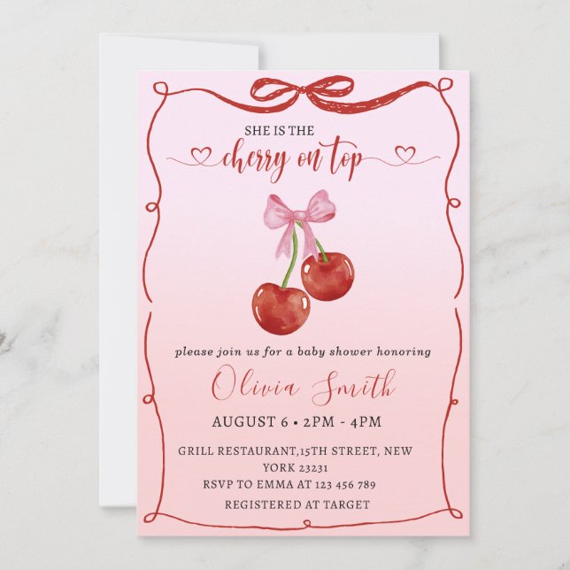 Invitación Cherry en la cima de Coquette Bow Cherry Chica Bab (Anverso)
